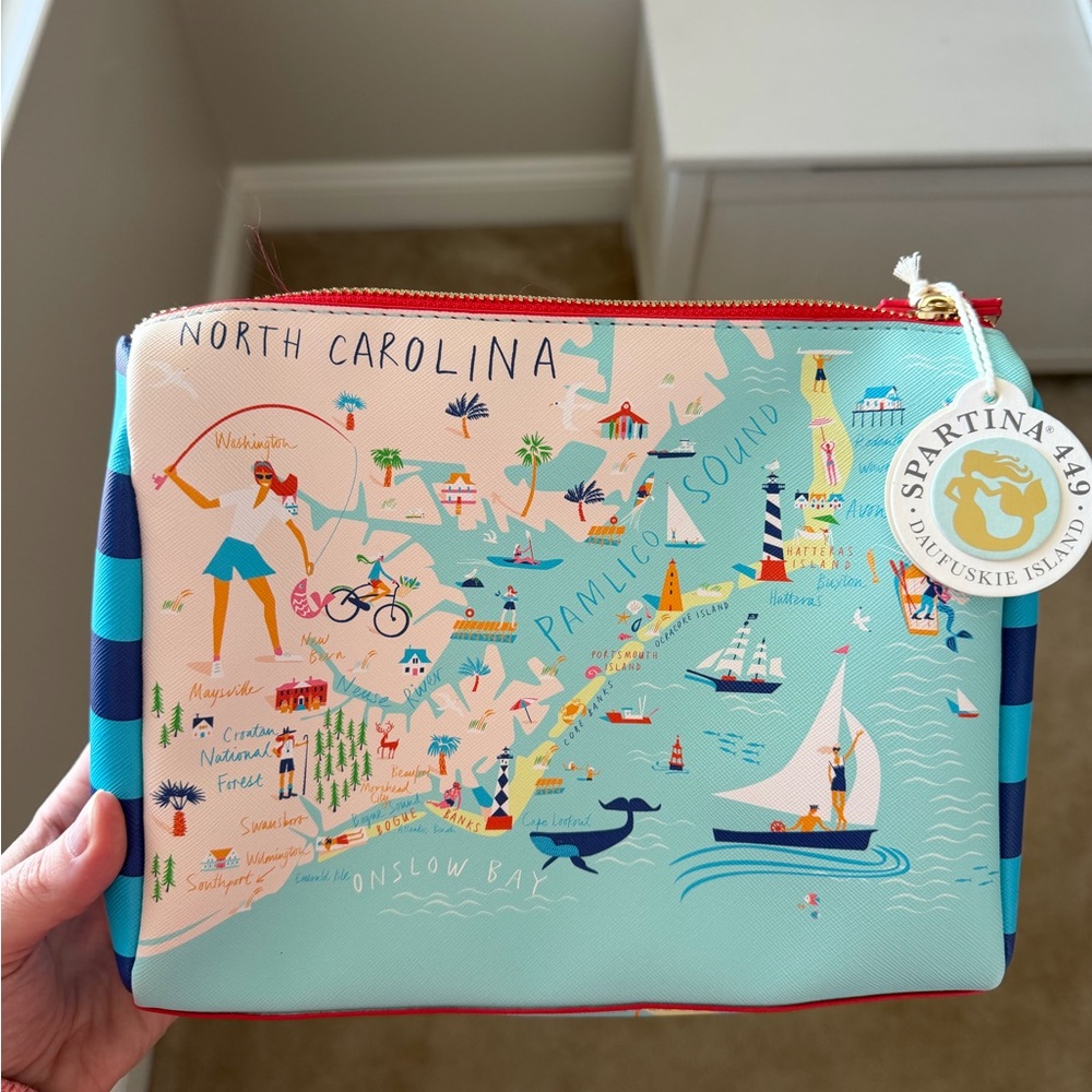 Spartina 449 Coastal Map Pouch with Blue and Pink Accents
